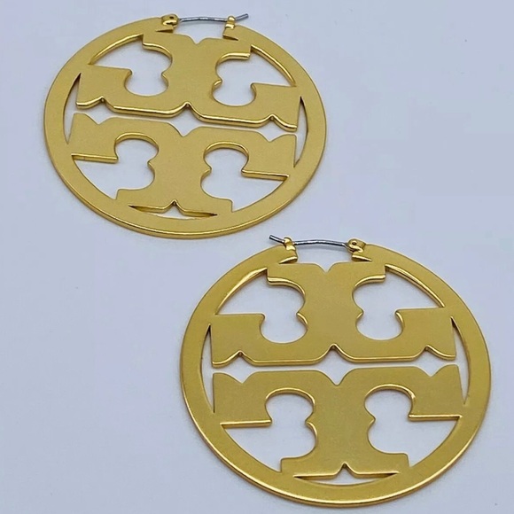 TORY BURCH GOLD LG. MILLER HOOP LOGO EARRINGS NWB! - Picture 5 of 8